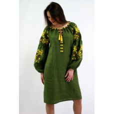 Boho Style Ukrainian Embroidered Mini Dress "Charm 2" green/yellow